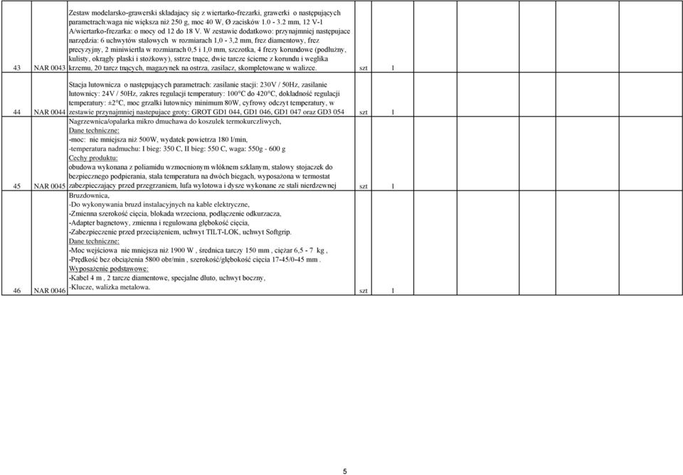 W zestawie dodatkowo: przynajmniej następujace narzędzia: 6 uchwytów stalowych w rozmiarach 1,0-3,2 mm, frez diamentowy, frez precyzyjny, 2 miniwiertła w rozmiarach 0,5 i 1,0 mm, szczotka, 4 frezy