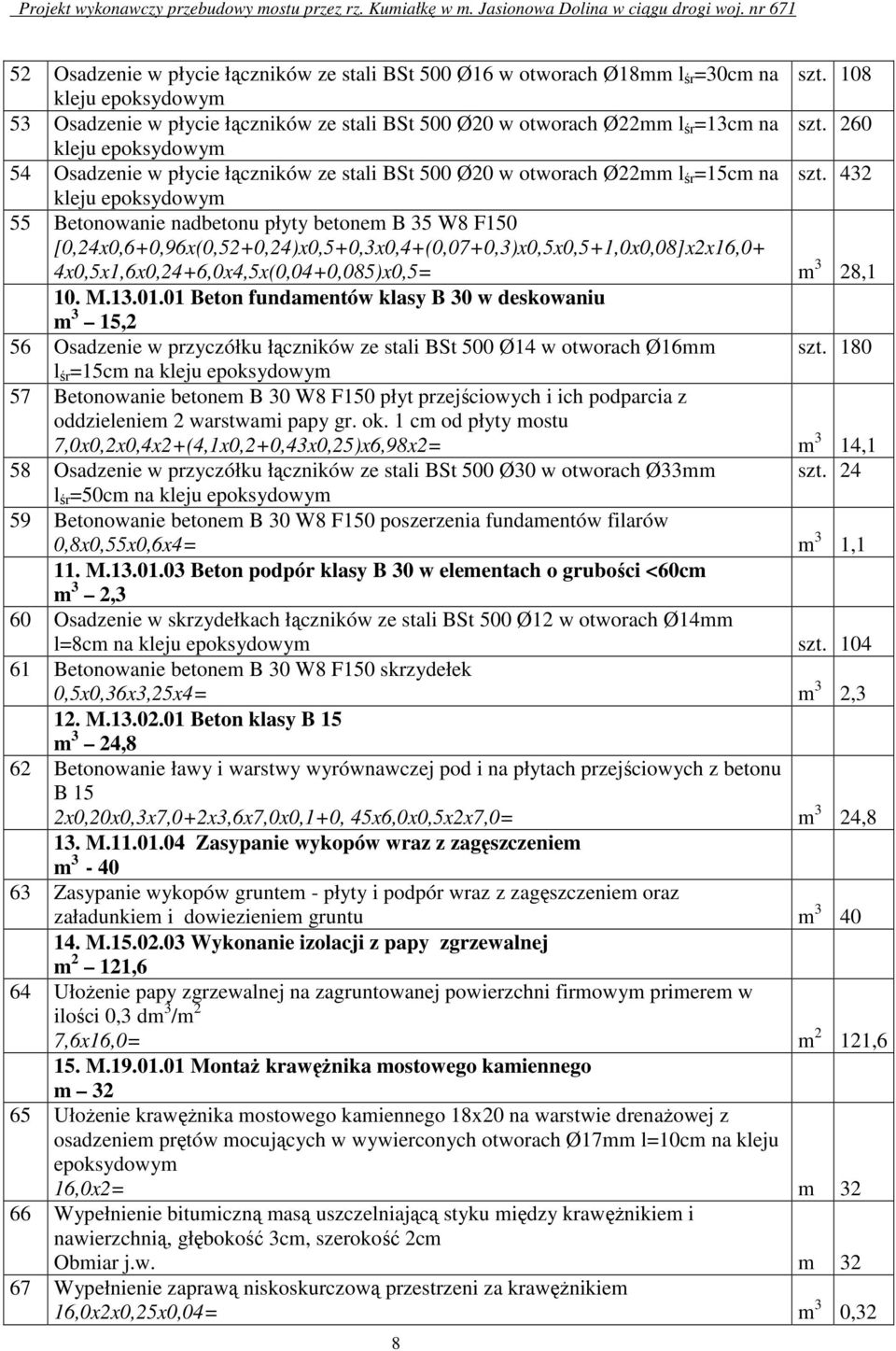 432 kleju epoksydowym 55 Betonowanie nadbetonu płyty betonem B 35 W8 F150 [0,24x0,6+0,96x(0,52+0,24)x0,5+0,3x0,4+(0,07+0,3)x0,5x0,5+1,0x0,08]x2x16,0+ 4x0,5x1,6x0,24+6,0x4,5x(0,04+0,085)x0,5= m 3 28,1