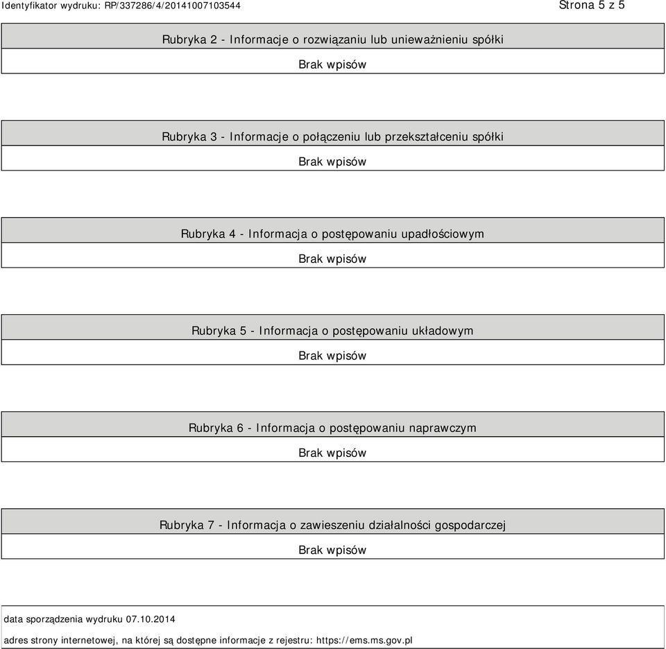 układowym Rubryka 6 - Informacja o postępowaniu naprawczym Rubryka 7 - Informacja o zawieszeniu działalności