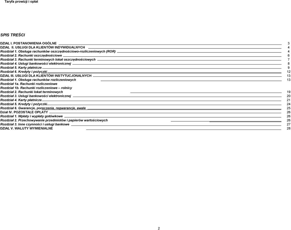 Kredyty i pożyczki 12 DZIAŁ III. USŁUGI DLA KLIENTÓW INSTYTUCJONALNYCH 13 Rozdział 1. Obsługa rachunków rozliczeniowych 13 Rozdział 1a. Rachunki rozliczeniowe Rozdział 1b.