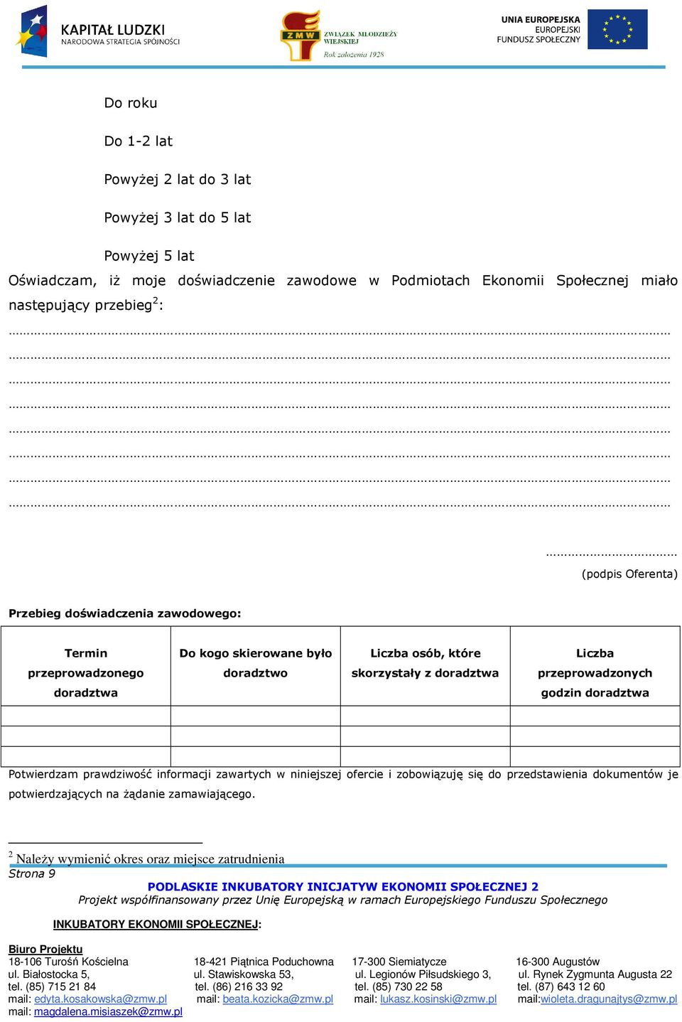 przeprowadzonego doradztwo skorzystały z doradztwa przeprowadzonych doradztwa godzin doradztwa Potwierdzam prawdziwość informacji zawartych w