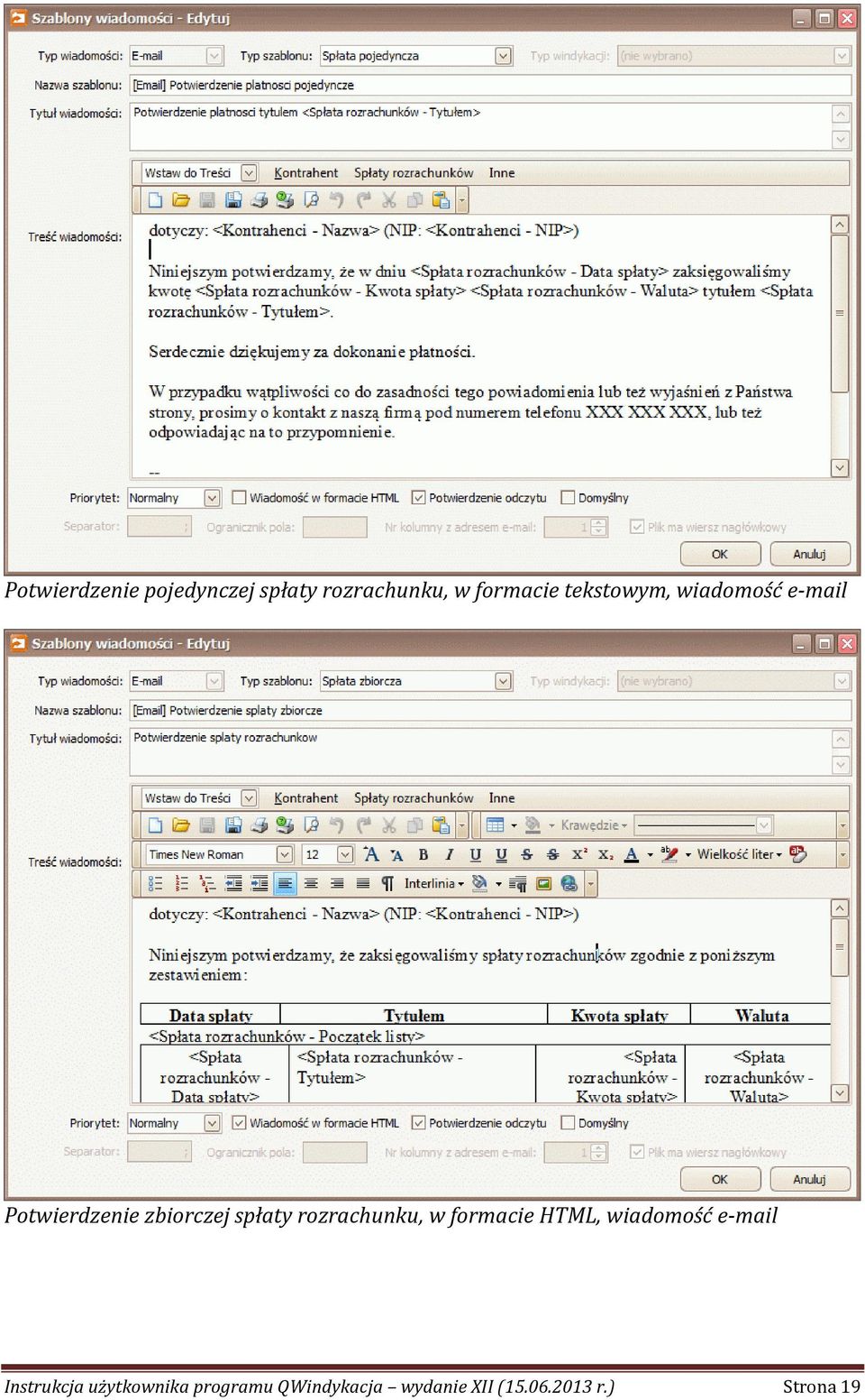 rozrachunku, w formacie HTML, wiadomość e-mail Instrukcja