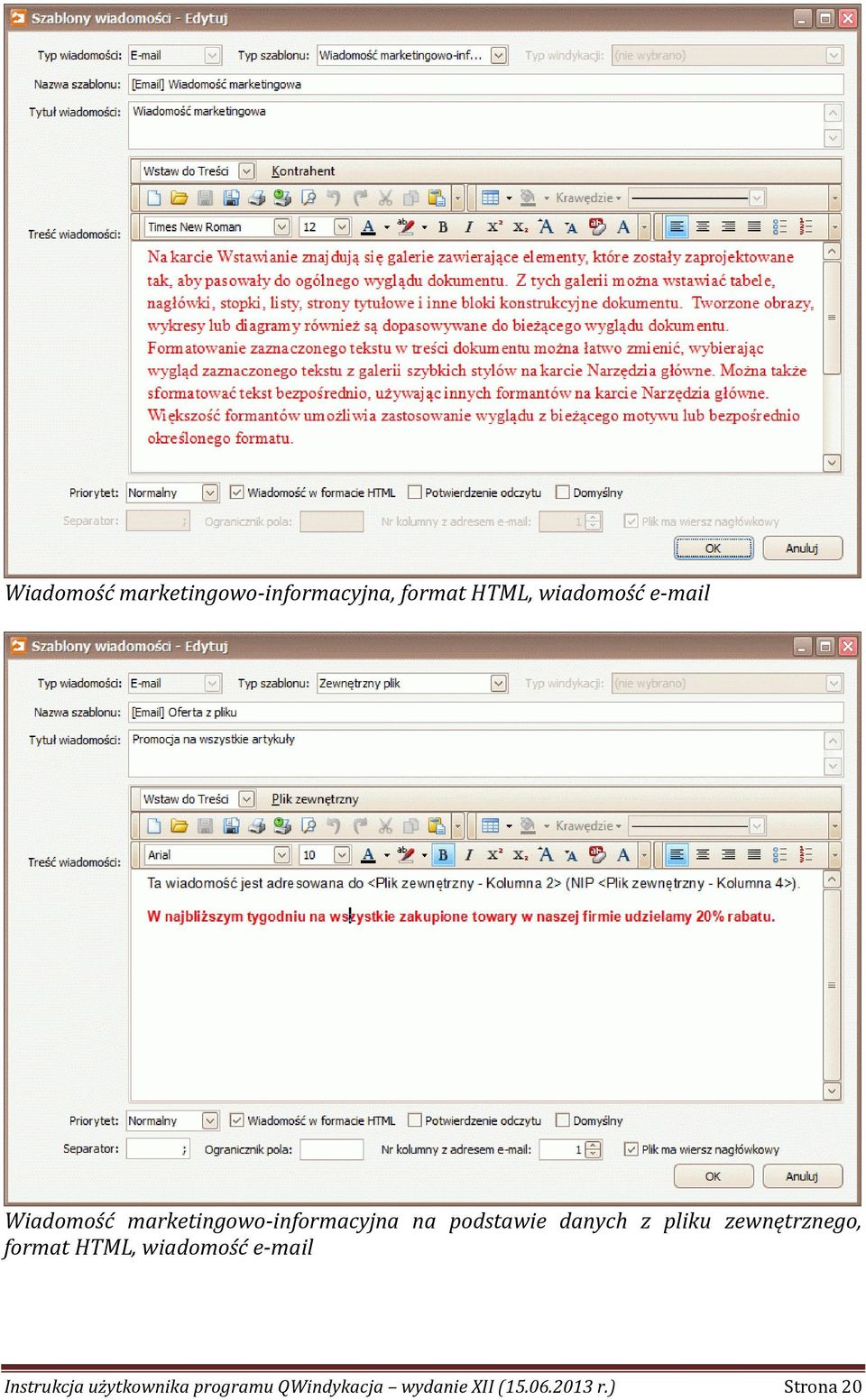 z pliku zewnętrznego, format HTML, wiadomość e-mail Instrukcja