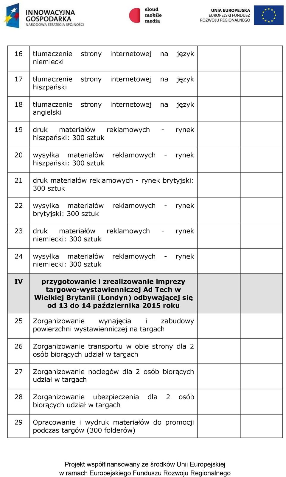 brytyjski: 300 sztuk 23 druk materiałów reklamowych - rynek niemiecki: 300 sztuk 24 wysyłka materiałów reklamowych - rynek niemiecki: 300 sztuk IV targowo-wystawienniczej Ad Tech w Wielkiej Brytanii