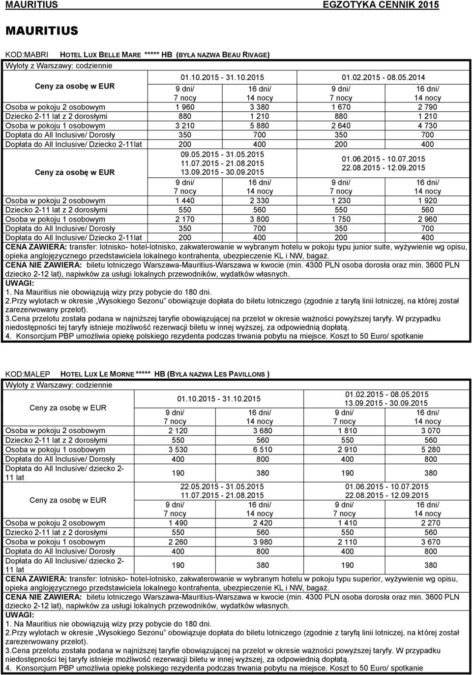 350 700 Dopłata do All Inclusive/ Dziecko 2-11lat 200 400 200 400 09.