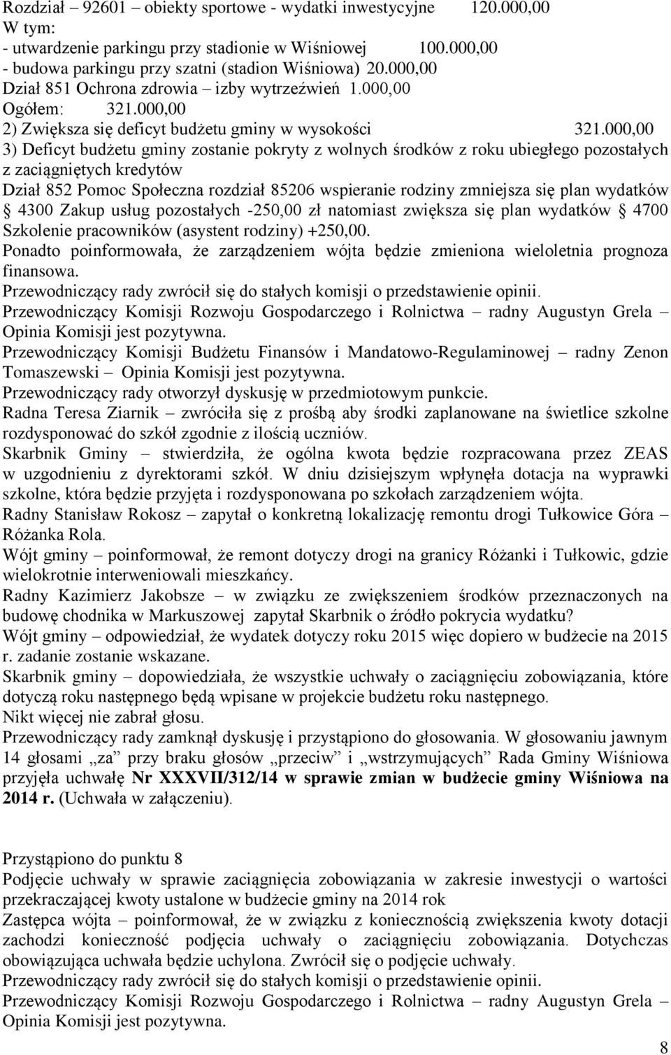 000,00 3) Deficyt budżetu gminy zostanie pokryty z wolnych środków z roku ubiegłego pozostałych z zaciągniętych kredytów Dział 852 Pomoc Społeczna rozdział 85206 wspieranie rodziny zmniejsza się plan