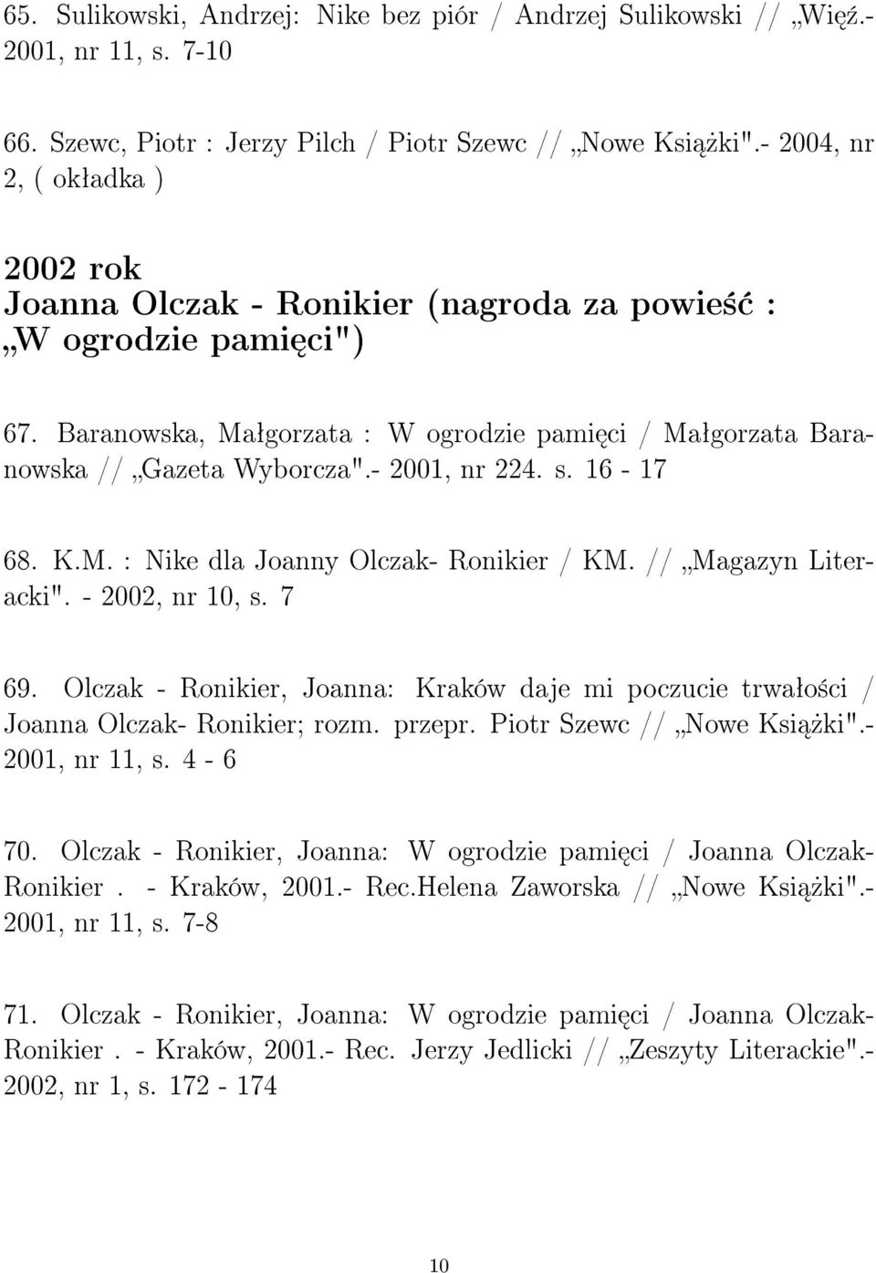 - 2001, nr 224. s. 16-17 68. K.M. : Nike dla Joanny Olczak- Ronikier / KM. // Magazyn Literacki". - 2002, nr 10, s. 7 69.