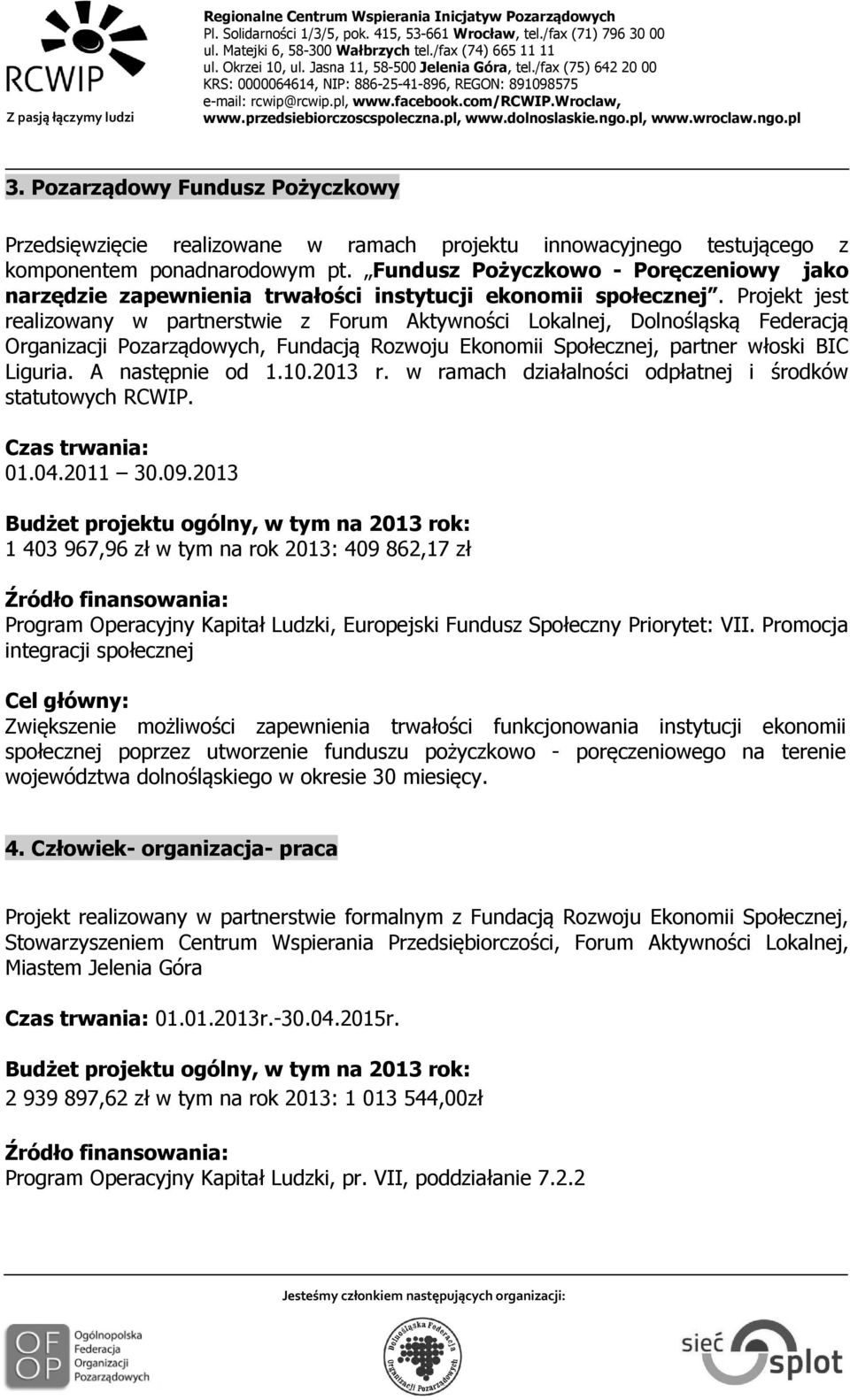 Projekt jest realizowany w partnerstwie z Forum Aktywności Lokalnej, Dolnośląską Federacją Organizacji Pozarządowych, Fundacją Rozwoju Ekonomii Społecznej, partner włoski BIC Liguria.