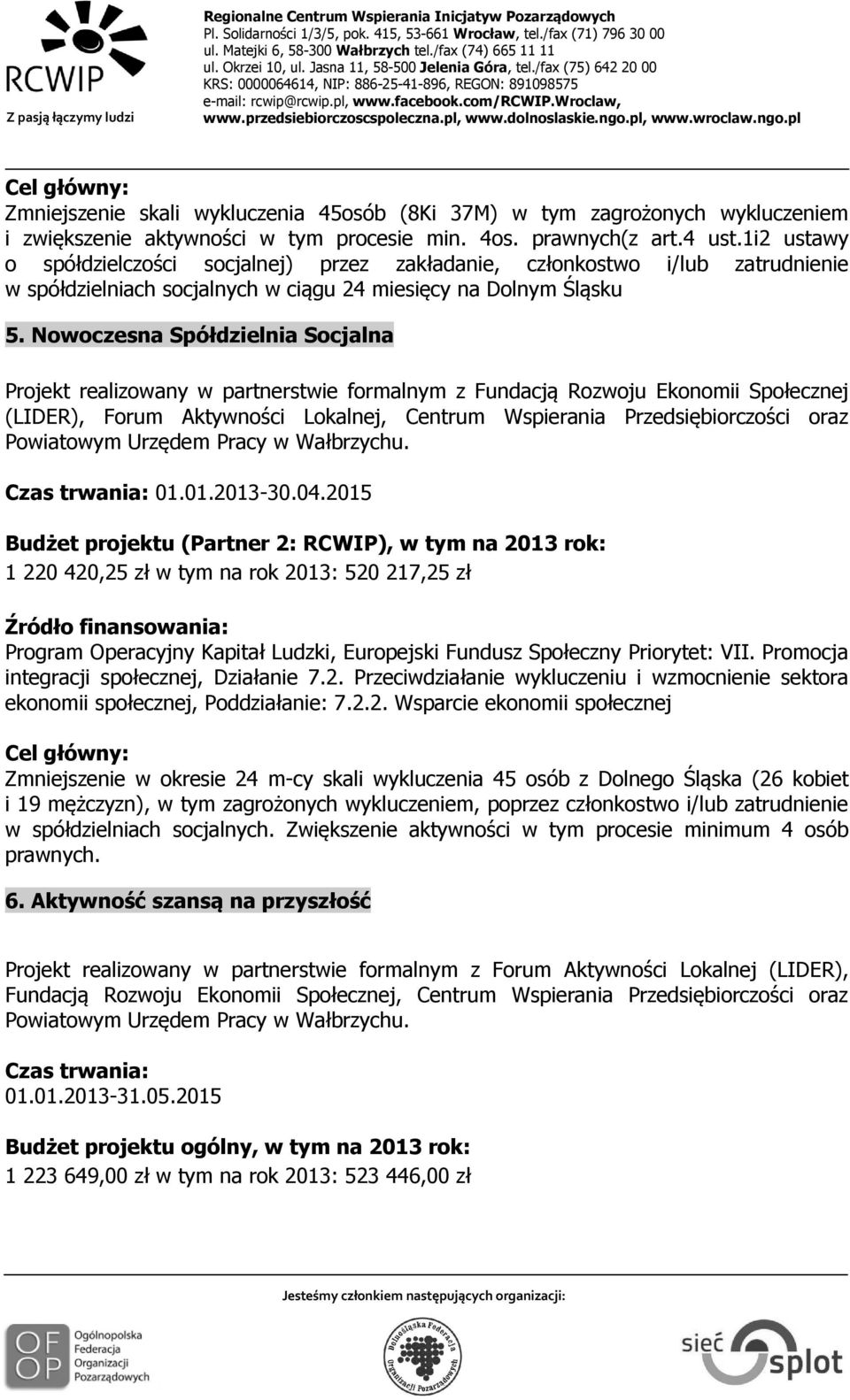 Nowoczesna Spółdzielnia Socjalna Projekt realizowany w partnerstwie formalnym z Fundacją Rozwoju Ekonomii Społecznej (LIDER), Forum Aktywności Lokalnej, Centrum Wspierania Przedsiębiorczości oraz