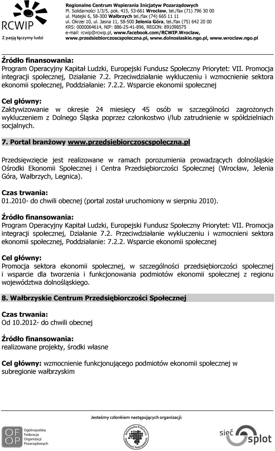 spółdzielniach socjalnych. 7. Portal branżowy www.przedsiebiorczoscspoleczna.