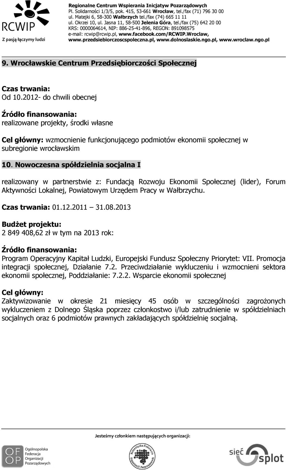 Nowoczesna spółdzielnia socjalna I realizowany w partnerstwie z: Fundacją Rozwoju Ekonomii Społecznej (lider), Forum Aktywności Lokalnej, Powiatowym Urzędem Pracy w Wałbrzychu. 01.12.2011 31.08.