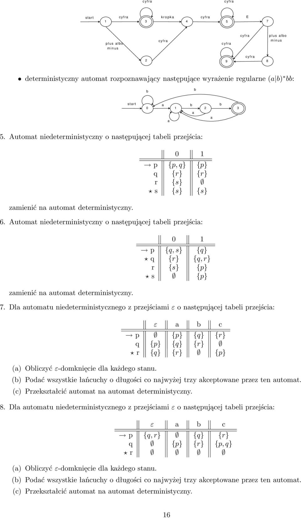 Automt niedeterministyczny o nstępującej teli przejści: zmienić n utomt deterministyczny. p {q, s} {q} q {r} {q, r} r {s} {p} s {p} 7.