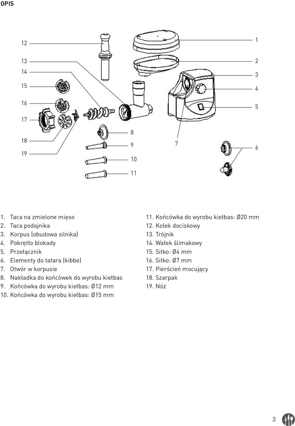 Nakładka do końcówek do wyrobu kiełbas 9. Końcówka do wyrobu kiełbas: Ø12 mm 10. Końcówka do wyrobu kiełbas: Ø15 mm 11.