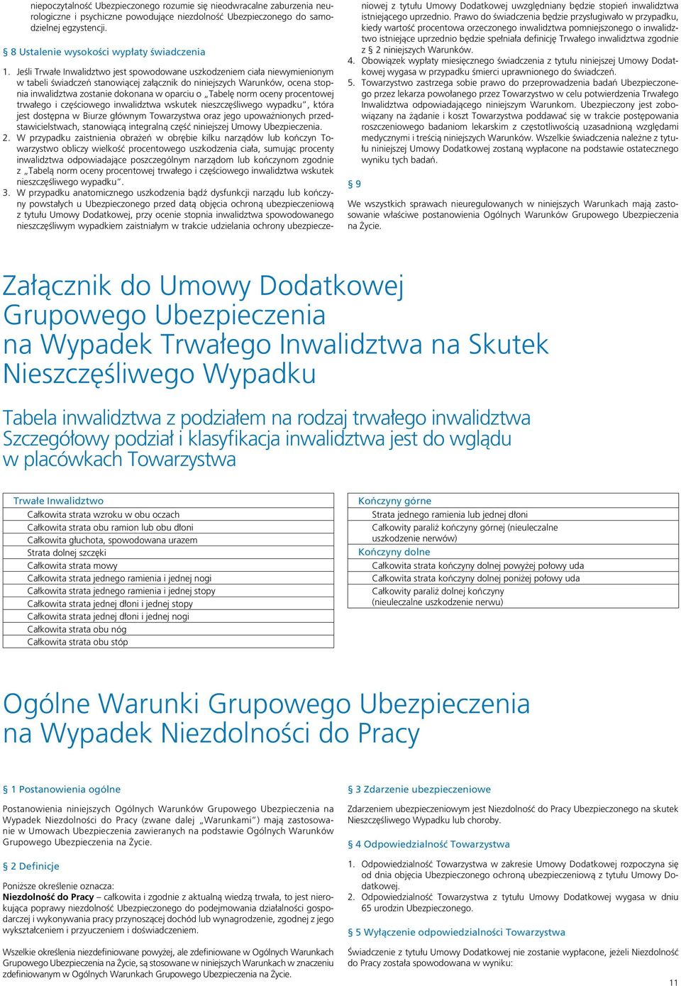 Jeśli Trwałe Inwalidztwo jest spowodowane uszkodzeniem ciała niewymienionym w tabeli świadczeń stanowiącej załącznik do niniejszych Warunków, ocena stopnia inwalidztwa zostanie dokonana w oparciu o