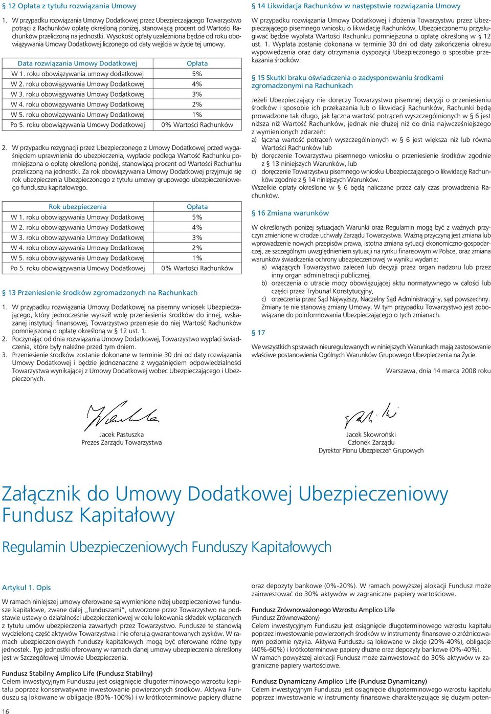 Wysokość opłaty uzależniona będzie od roku obowiązywania Umowy Dodatkowej liczonego od daty wejścia w życie tej umowy. Data rozwiązania Umowy Dodatkowej Opłata W 1.