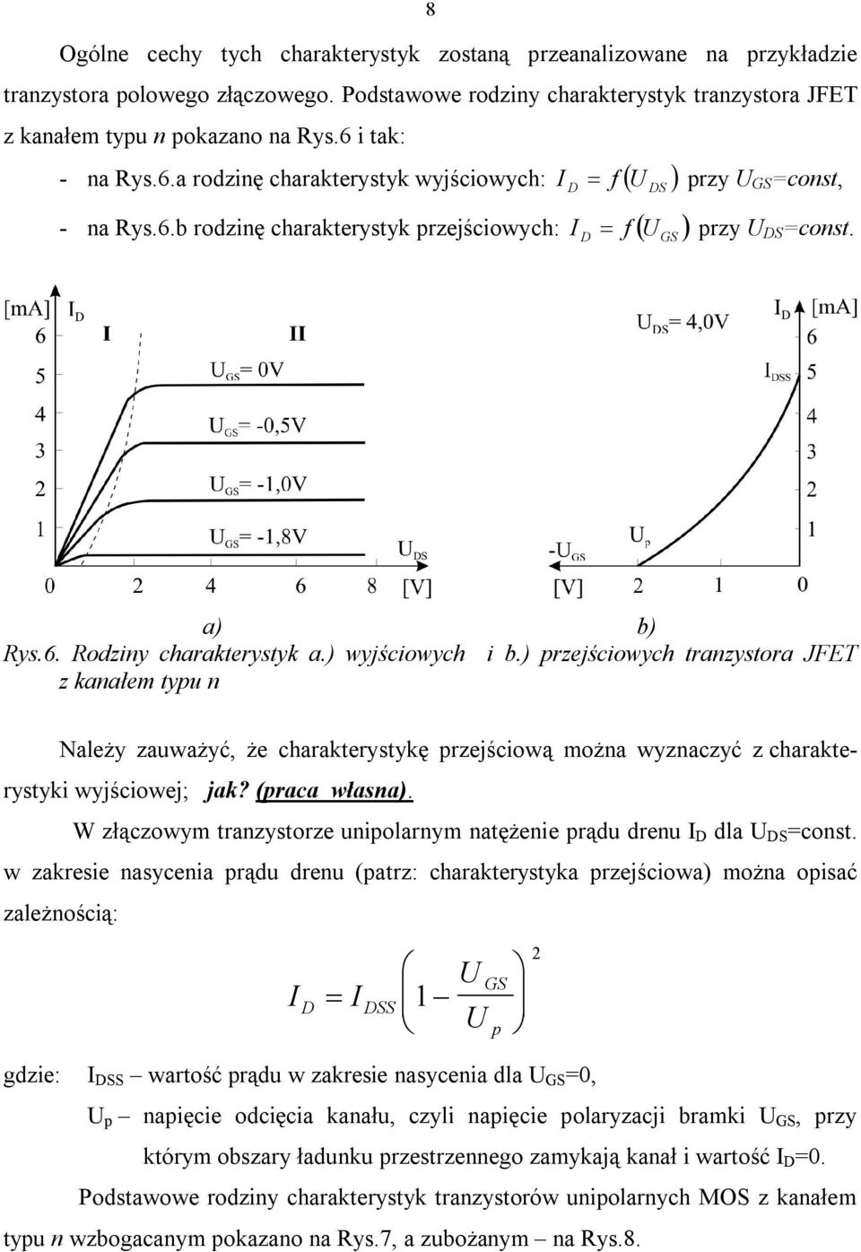 ) wyjściowych i b.) przejściowych tranzystora JFET z kanałem typu n Należy zauważyć, że charakterystykę przejściową można wyznaczyć z charakterystyki wyjściowej; jak? (praca własna).