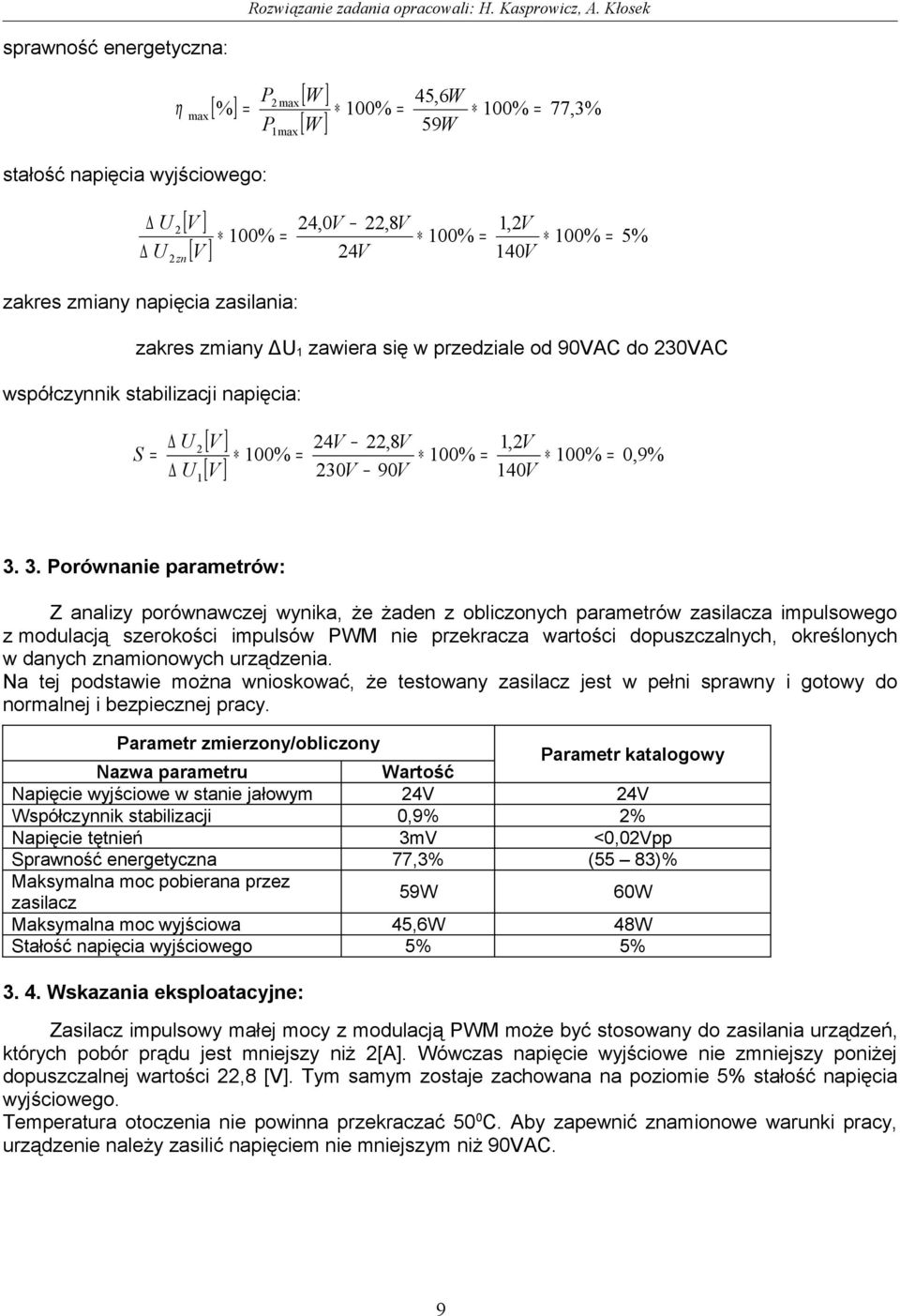 zakres zmiany ΔU 1 zawiera się w przedziale od 90VAC do 230VAC współczynnik stabilizacji napięcia: S = U U 2 1 [ V ] [ V ] 24V 22,8V 230V 90V 1,2V 140V 0,9% 3.