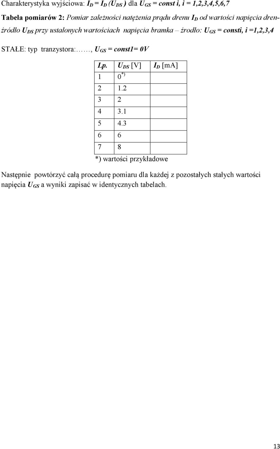 STAŁE: typ tranzystora:, U GS = const1= 0V Lp. U DS [V] I D [ma] 1 0 *) 2 1.2 3 2 4 3.1 5 4.