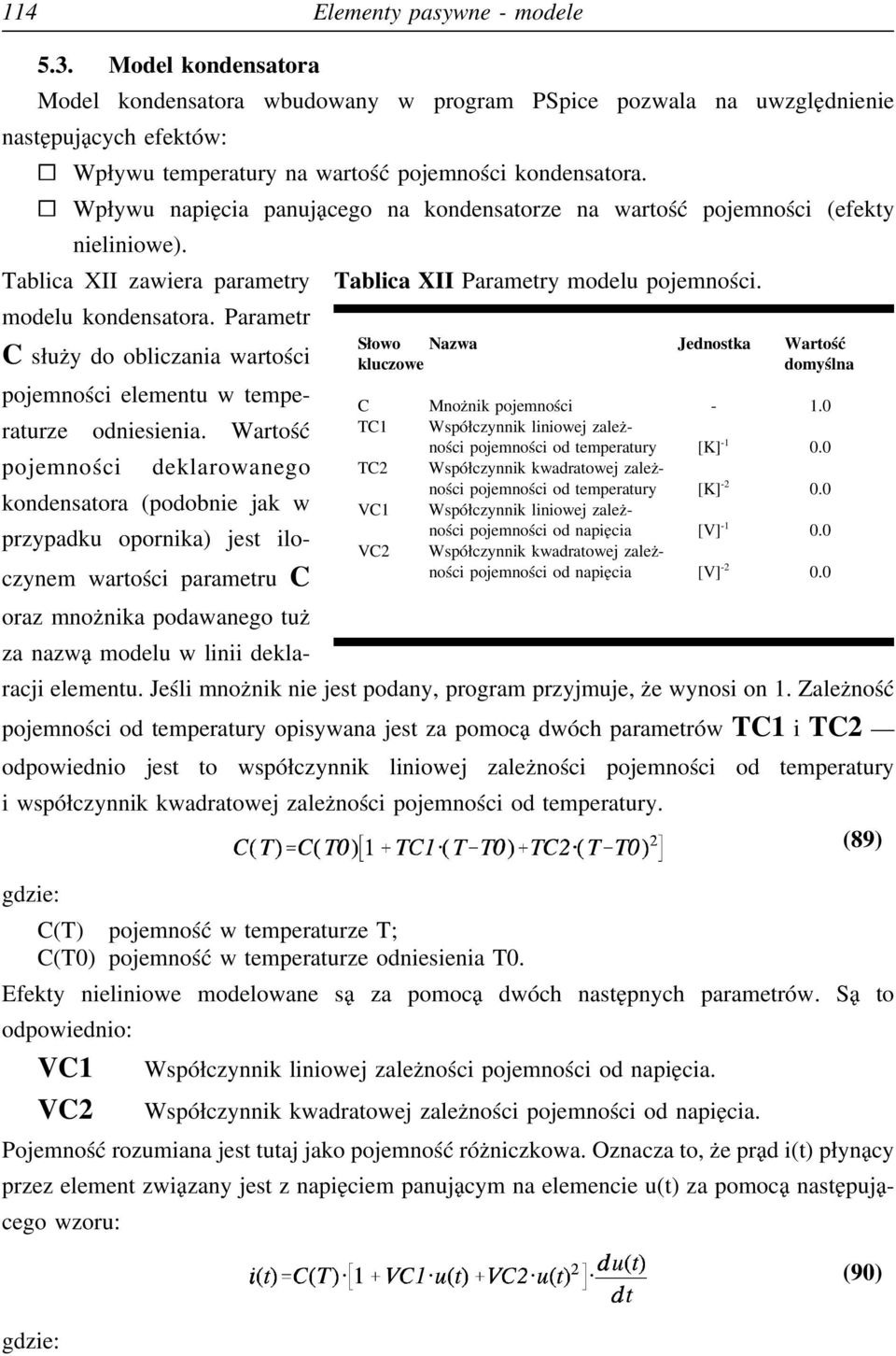 Wpływu napięcia panującego na kondensatorze na wartość pojemności (efekty nieliniowe). Tablica XII zawiera parametry Tablica XII Parametry modelu pojemności. modelu kondensatora.