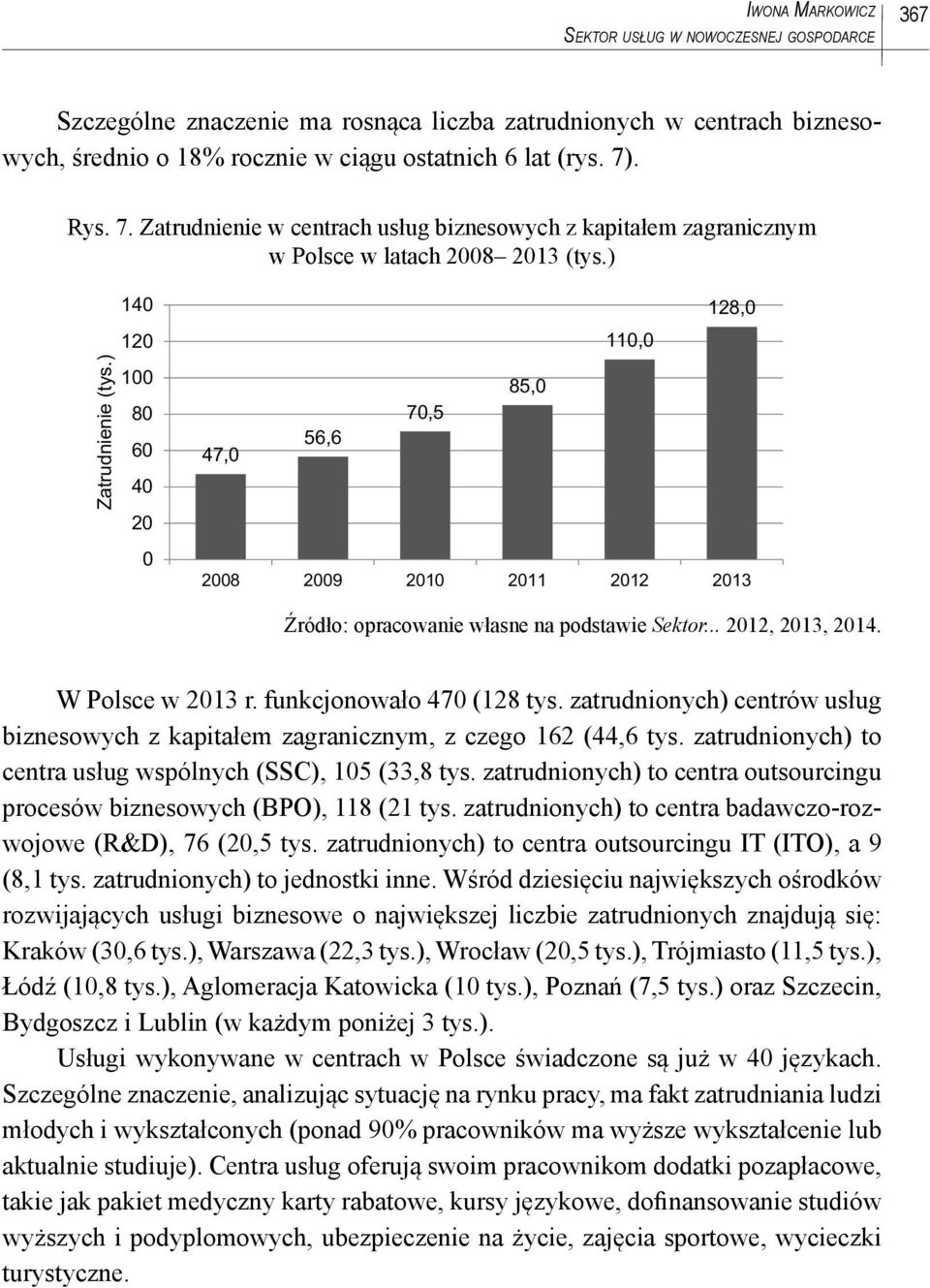 funkcjonowało 470 (128 tys. zatrudnionych) centrów usług biznesowych z kapitałem zagranicznym, z czego 162 (44,6 tys. zatrudnionych) to centra usług wspólnych (SSC), 105 (33,8 tys.