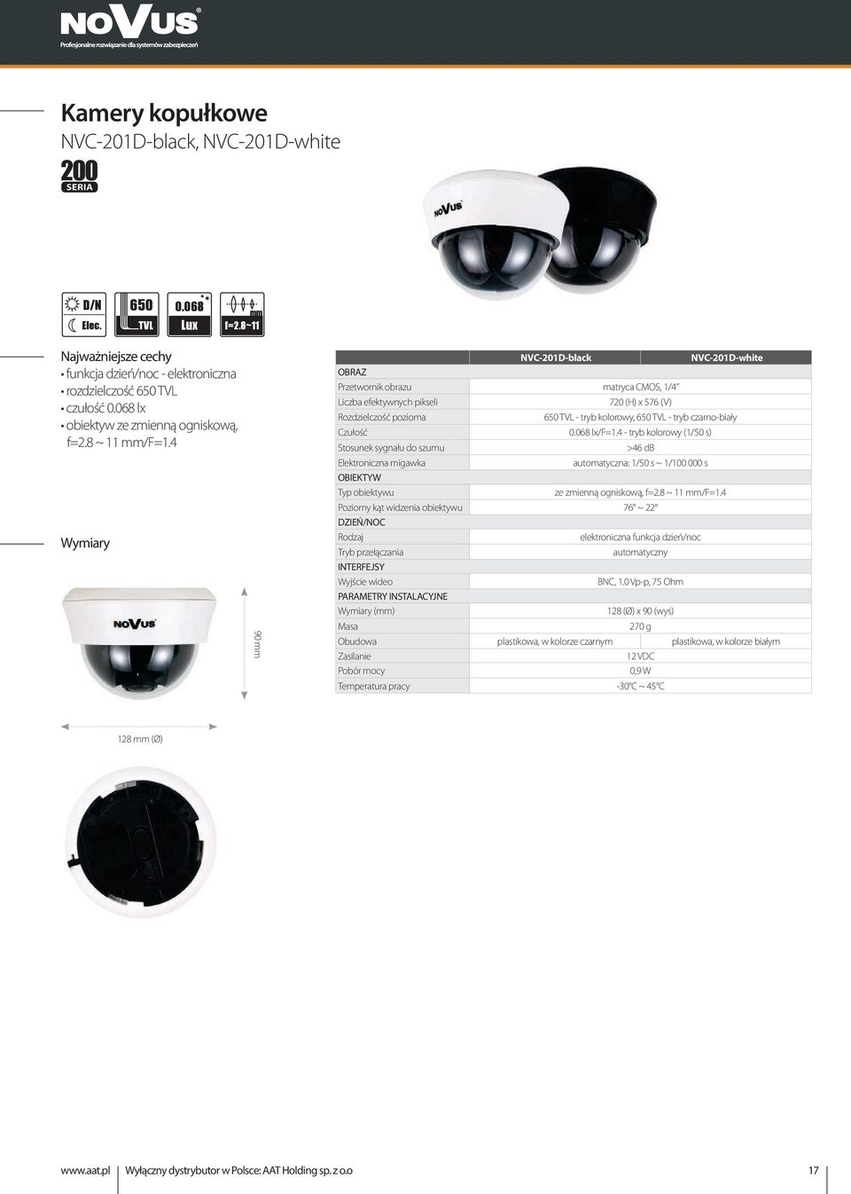 4 90 mm NVC-201D-black NVC-201D-white OBRAZ Przetwornik obrazu matryca CMOS, 1/4 Liczba efektywnych pikseli 720 (H) x 576 (V) Rozdzielczość pozioma 650 TVL - tryb kolorowy, 650 TVL - tryb