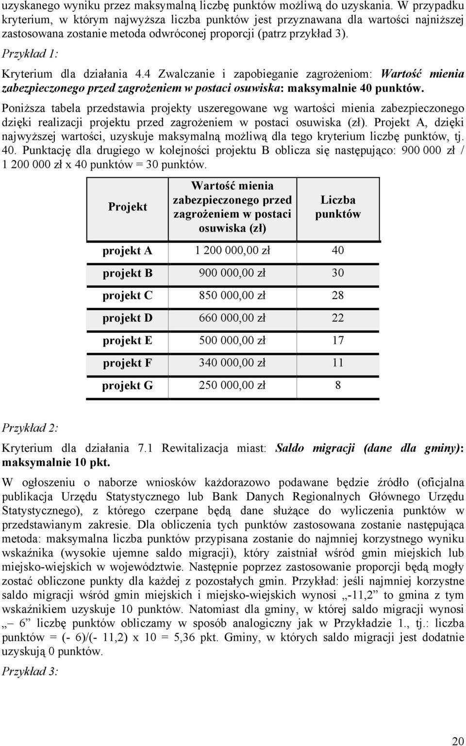 Przykład 1: Kryterium dla działania 4.4 Zwalczanie i zapobieganie zagrożeniom: Wartość mienia zabezpieczonego przed zagrożeniem w postaci osuwiska: maksymalnie 40 punktów.