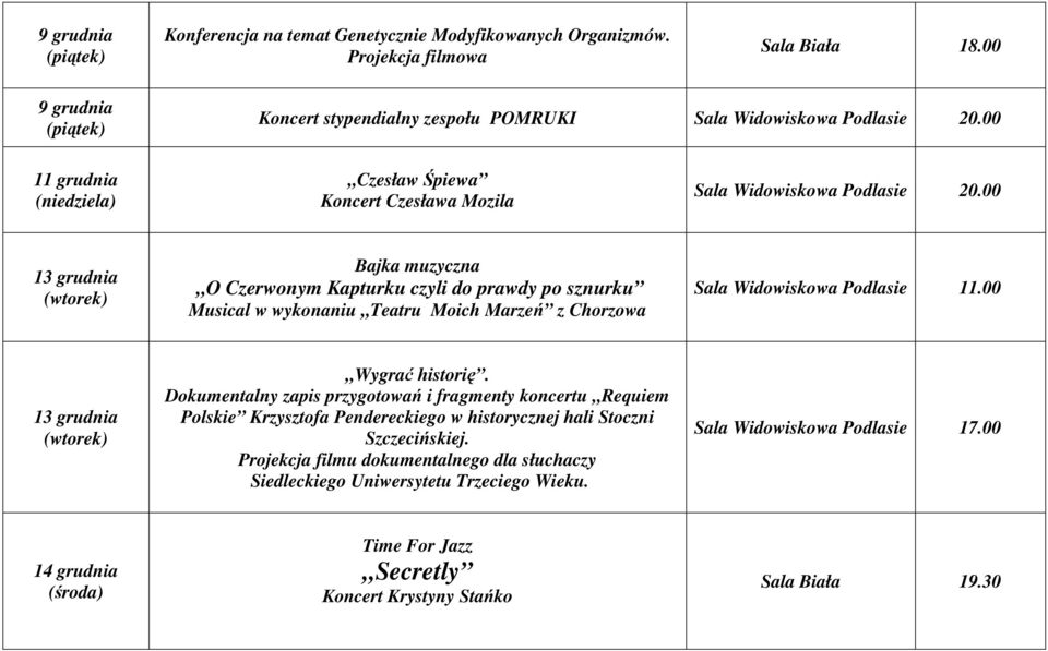 00 13 grudnia Bajka muzyczna O Czerwonym Kapturku czyli do prawdy po sznurku Musical w wykonaniu Teatru Moich Marzeń z Chorzowa Sala Widowiskowa Podlasie 13 grudnia Wygrać historię.