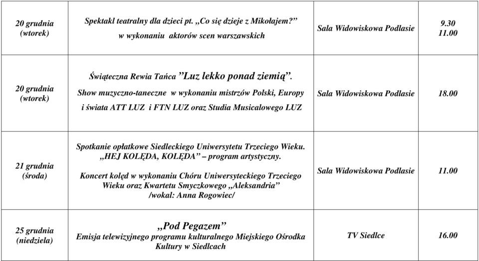 Show muzyczno-taneczne w wykonaniu mistrzów Polski, Europy i świata ATT LUZ i FTN LUZ oraz Studia Musicalowego LUZ Sala Widowiskowa Podlasie 18.