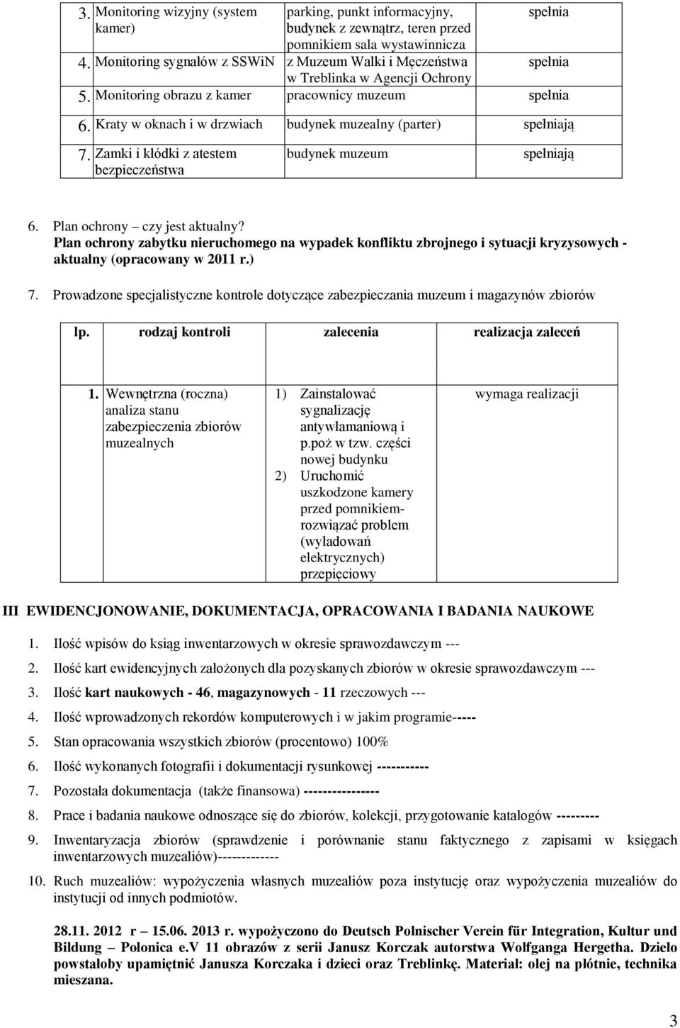 Kraty w oknach i w drzwiach budynek muzealny (parter) spełniają 7. Zamki i kłódki z atestem bezpieczeństwa budynek muzeum spełniają 6. Plan ochrony czy jest aktualny?
