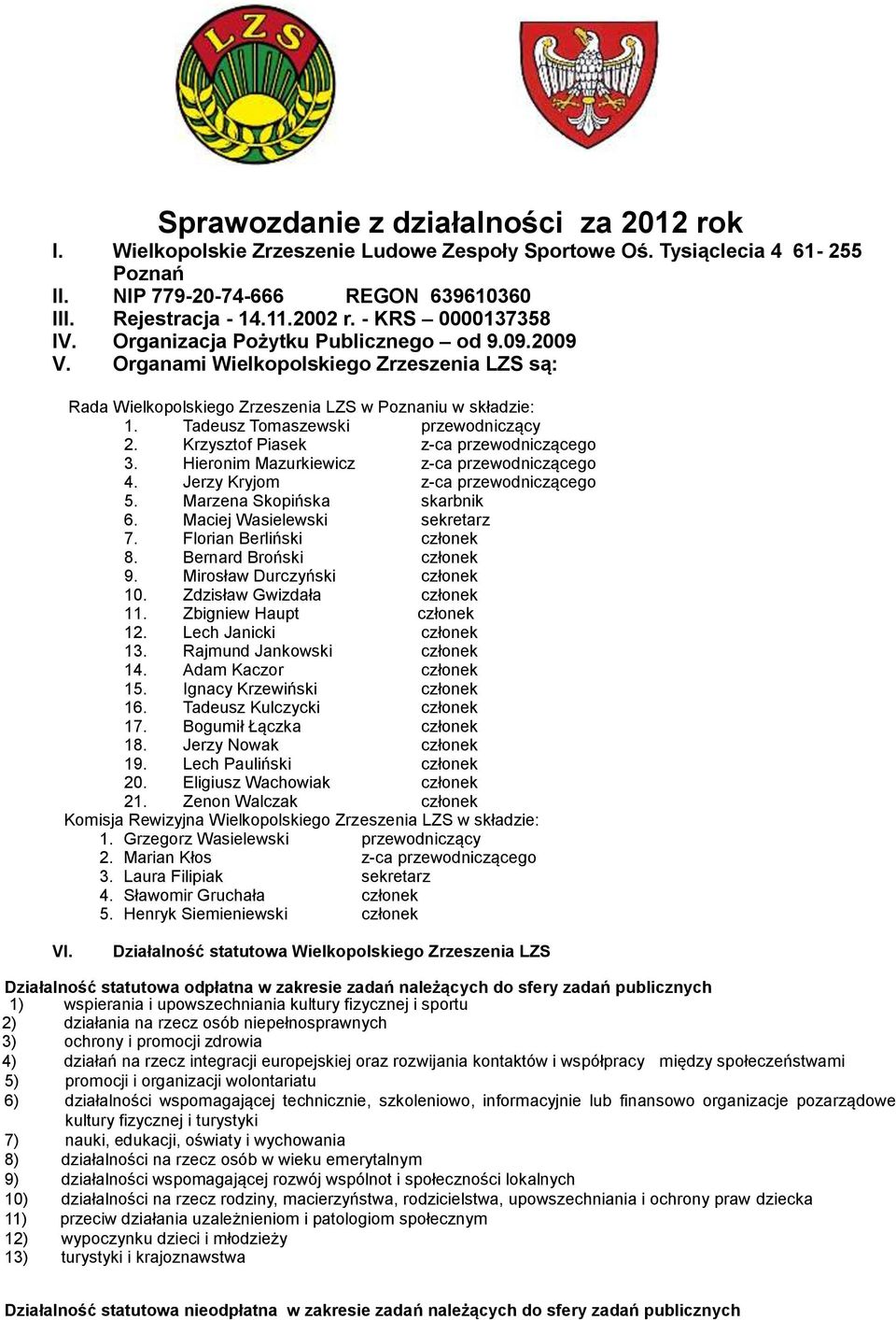 Tadeusz Tomaszewski przewodniczący 2. Krzysztof Piasek z-ca przewodniczącego 3. Hieronim Mazurkiewicz z-ca przewodniczącego 4. Jerzy Kryjom z-ca przewodniczącego 5. Marzena Skopińska skarbnik 6.