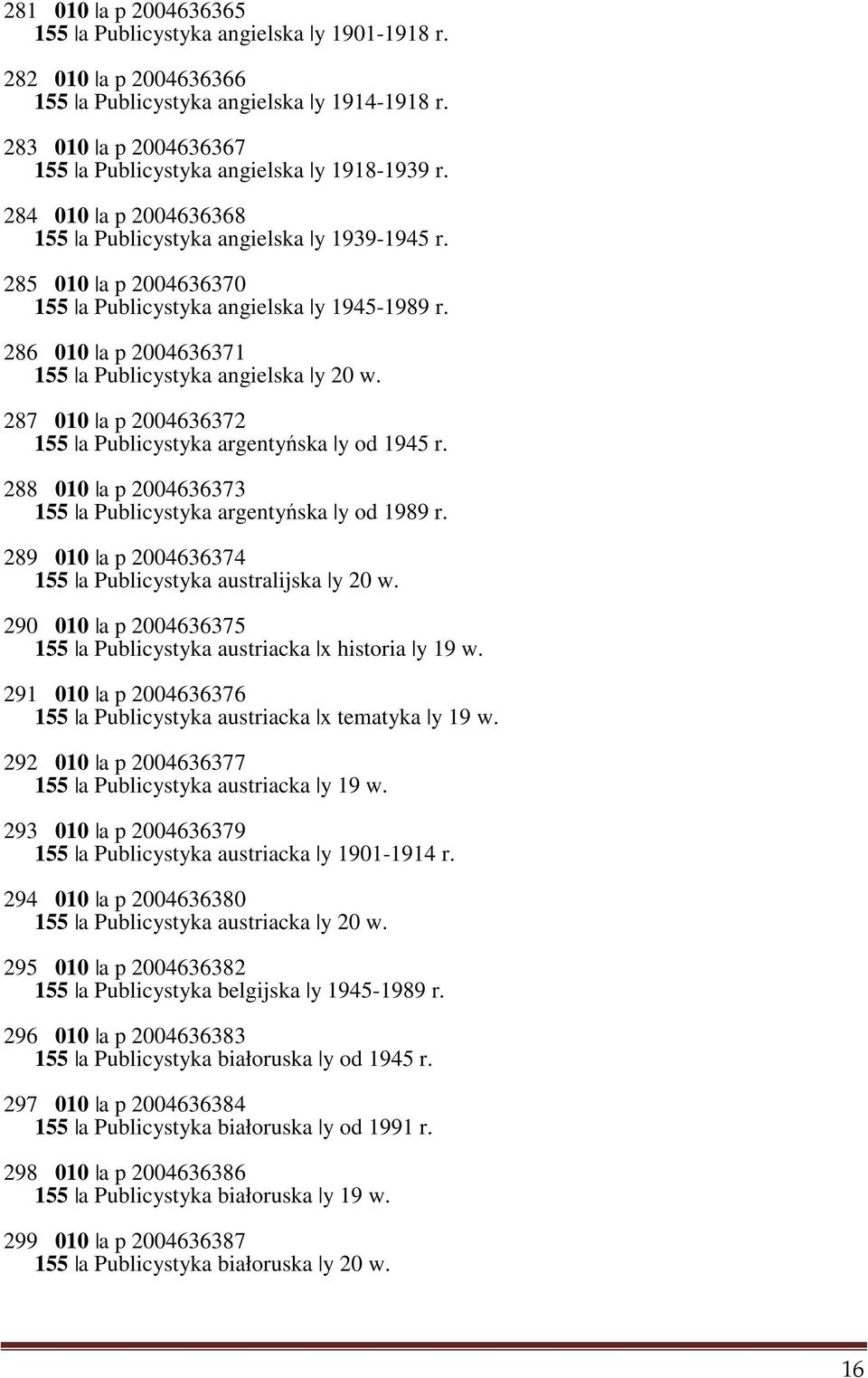 287 010 a p 2004636372 155 a Publicystyka argentyńska y od 1945 r. 288 010 a p 2004636373 155 a Publicystyka argentyńska y od 1989 r. 289 010 a p 2004636374 155 a Publicystyka australijska y 20 w.