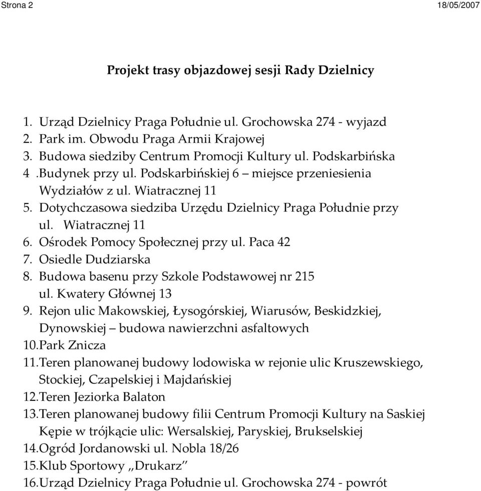 Dotychczasowa siedziba Urzędu Dzielnicy Praga Południe przy ul. Wiatracznej 11 6. Ośrodek Pomocy Społecznej przy ul. Paca 42 7. Osiedle Dudziarska 8. Budowa basenu przy Szkole Podstawowej nr 215 ul.