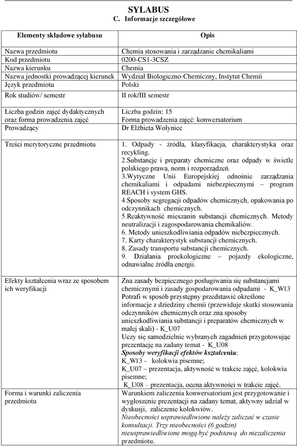 zajęć Prowadzący Treści merytoryczne Efekty kształcenia wraz ze sposobem ich weryfikacji Forma i warunki zaliczenia Opis Chemia stosowania i zarządzanie chemikaliami 0200-CS1-3CSZ Chemia Wydział
