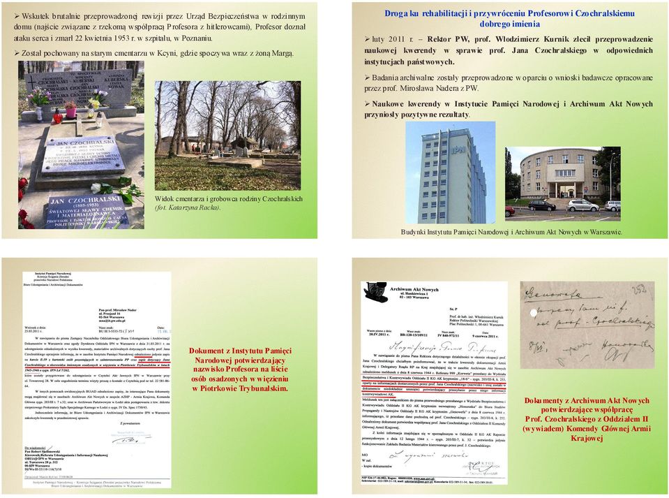 Droga ku rehabilitacji i przywróceniu Profesorowi Czochralskiemu dobrego imienia luty 2011 r. Rektor PW, prof. Włodzimierz Kurnik zlecił przeprowadzenie naukowej kwerendy w sprawie prof.