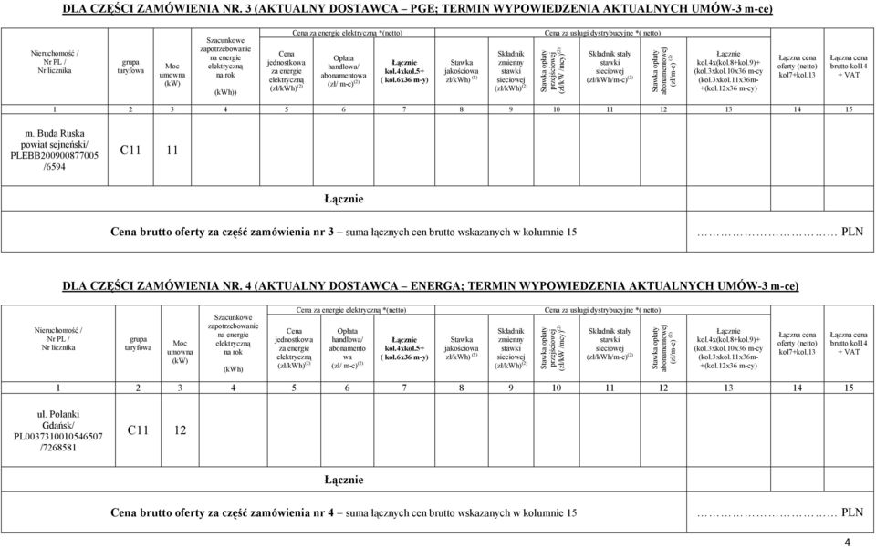 Buda Ruska powiat sejneński/ PLEBB200900877005 /6594 C11 11 brutto oferty za część zamówienia nr 3 suma łącznych cen brutto wskazanych w kolumnie 15 