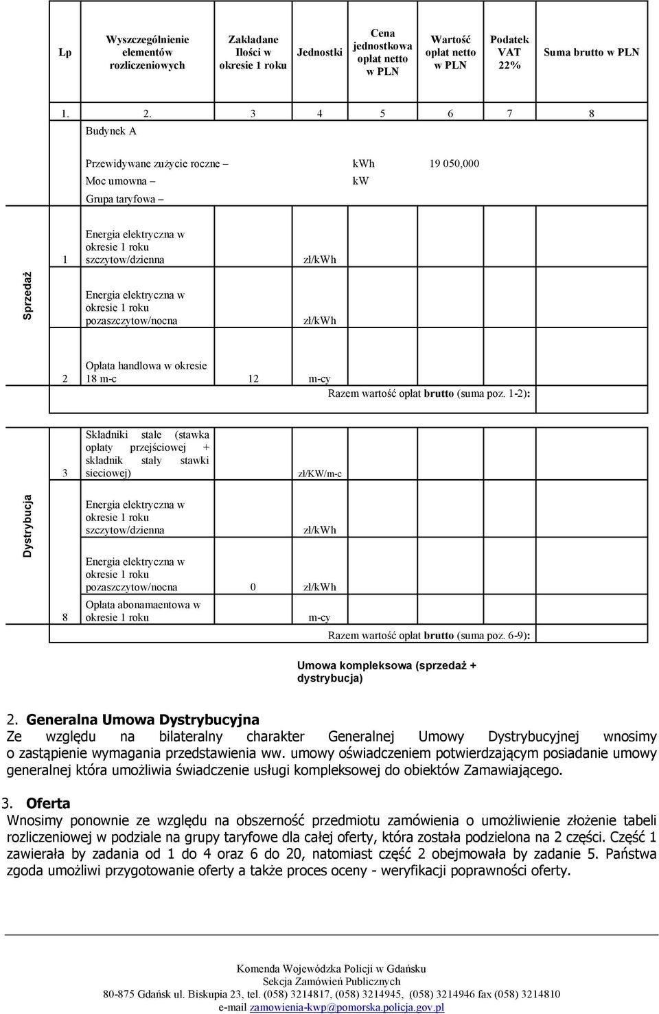 1- ): sieciowej) zł/kw/m-c 8 szczytow/dzienna zł/h pozaszczytow/nocna 0 zł/h abonamaentowa w m-cy Razem wartość opłat brutto (suma poz. 6- ): Umowa kompleksowa (sprzedaż + dystrybucja).