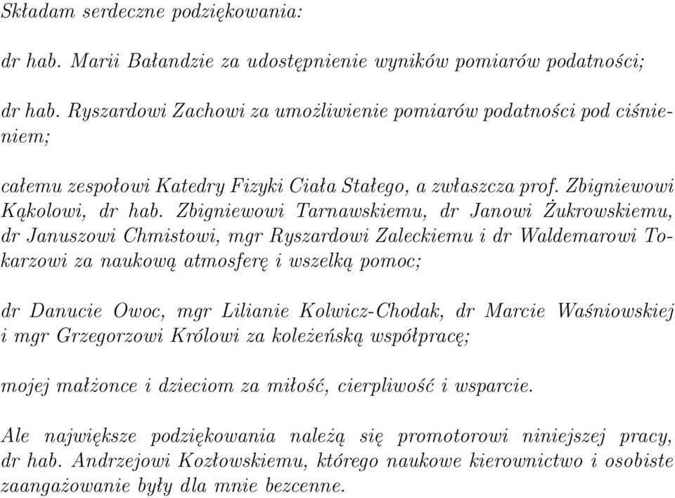 Zbigniewowi Tarnawskiemu, dr Janowi Żukrowskiemu, dr Januszowi Chmistowi, mgr Ryszardowi Zaleckiemu i dr Waldemarowi Tokarzowi za naukową atmosferę i wszelką pomoc; dr Danucie Owoc, mgr Lilianie
