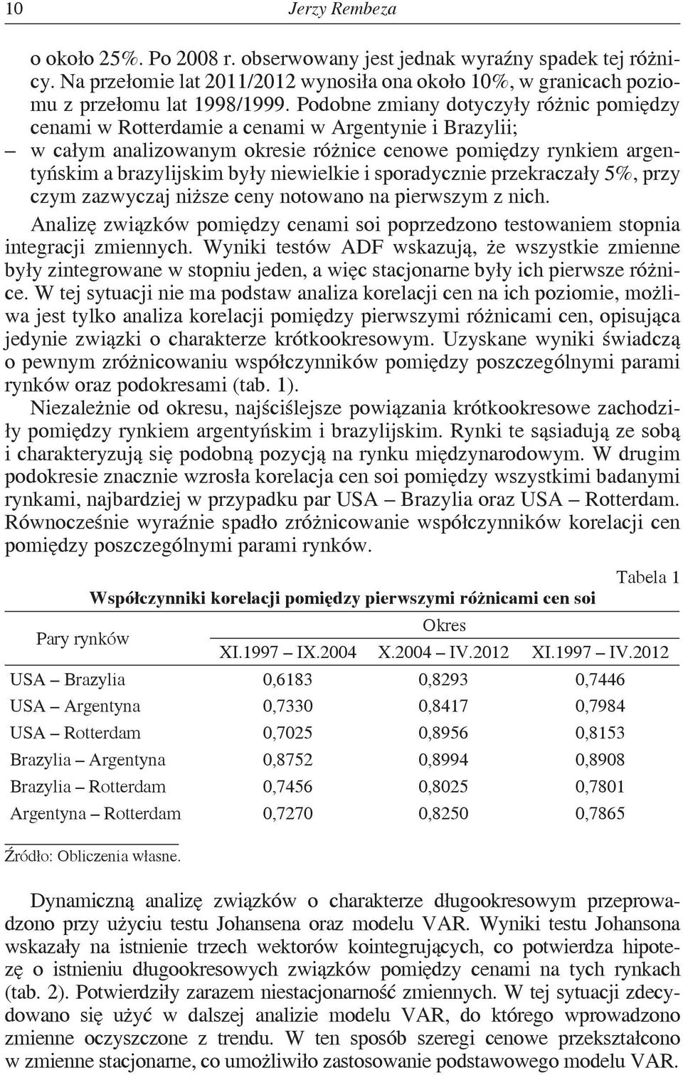niewielkie i sporadycznie przekraczały 5%, przy czym zazwyczaj niższe ceny notowano na pierwszym z nich. Analizę związków pomiędzy cenami soi poprzedzono testowaniem stopnia integracji zmiennych.