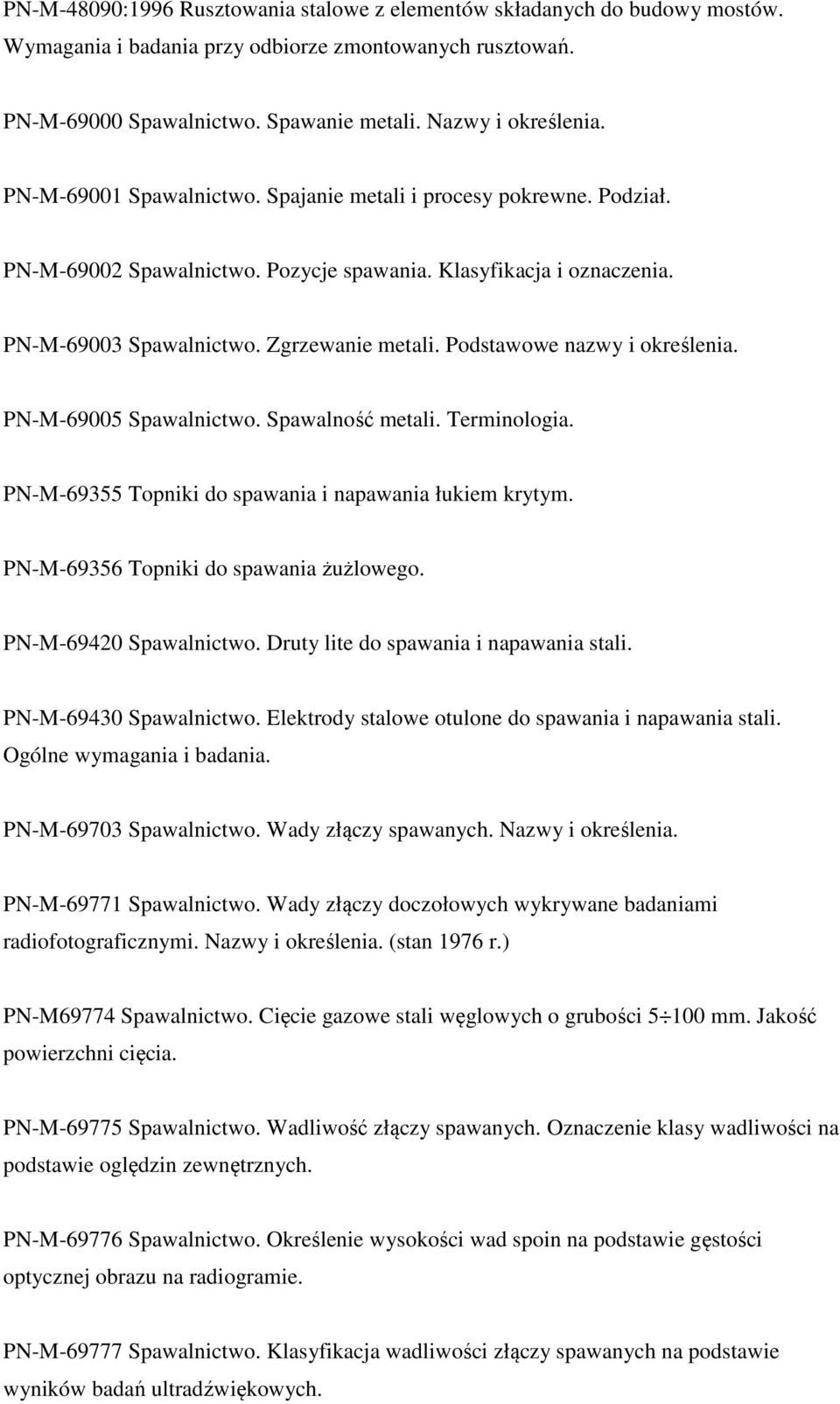 Podstawowe nazwy i określenia. PN-M-69005 Spawalnictwo. Spawalność metali. Terminologia. PN-M-69355 Topniki do spawania i napawania łukiem krytym. PN-M-69356 Topniki do spawania żużlowego.