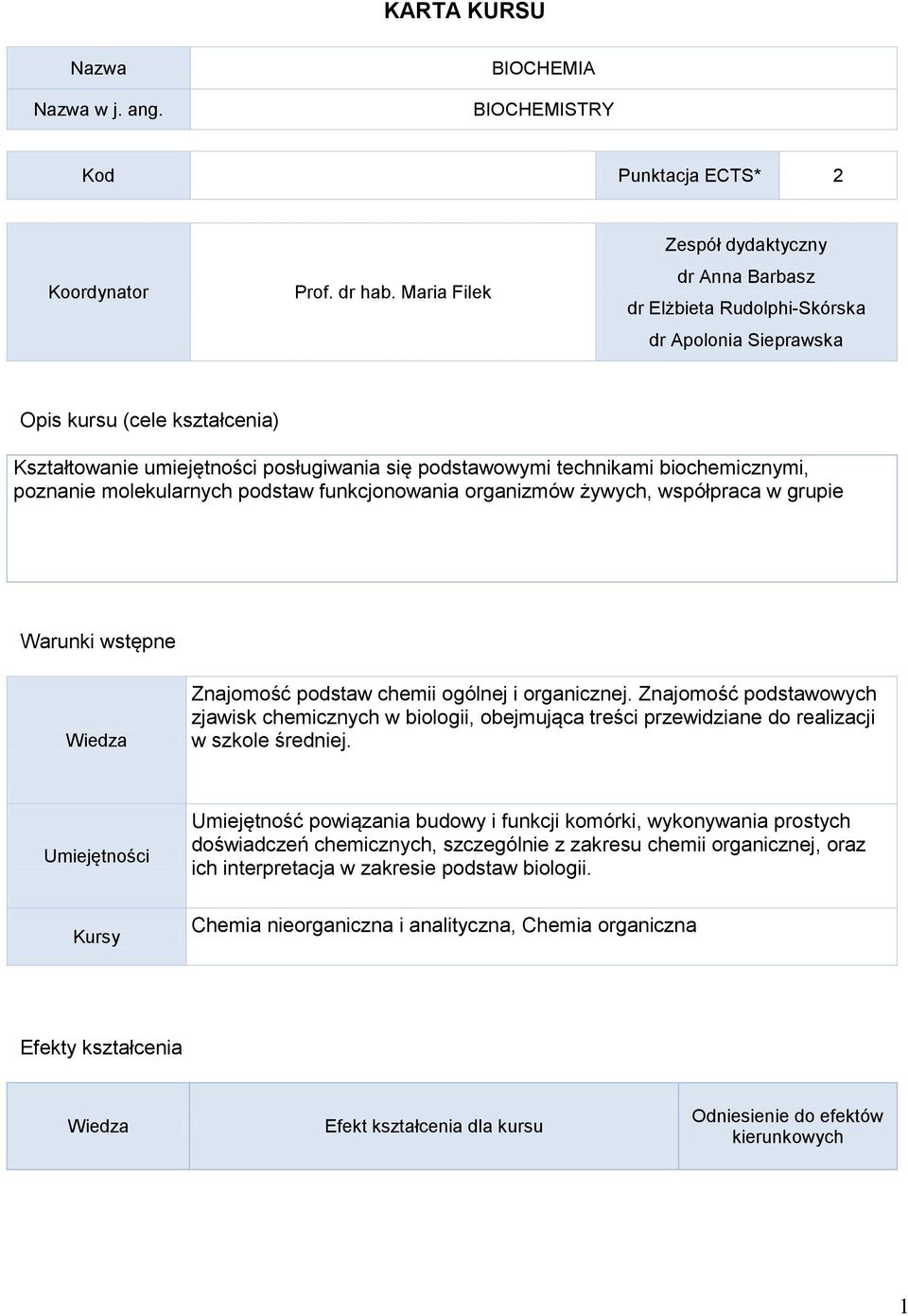 biochemicznymi, poznanie molekularnych podstaw funkcjonowania organizmów żywych, współpraca w grupie Warunki wstępne Wiedza Znajomość podstaw chemii ogólnej i organicznej.