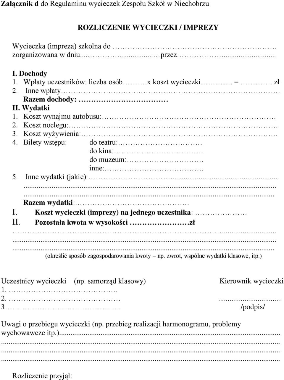 do kina: do muzeum:. inne:. 5. Inne wydatki (jakie):......... Razem wydatki:. I. Koszt wycieczki (imprezy) na jednego uczestnika: II. Pozostała kwota w wysokości zł.