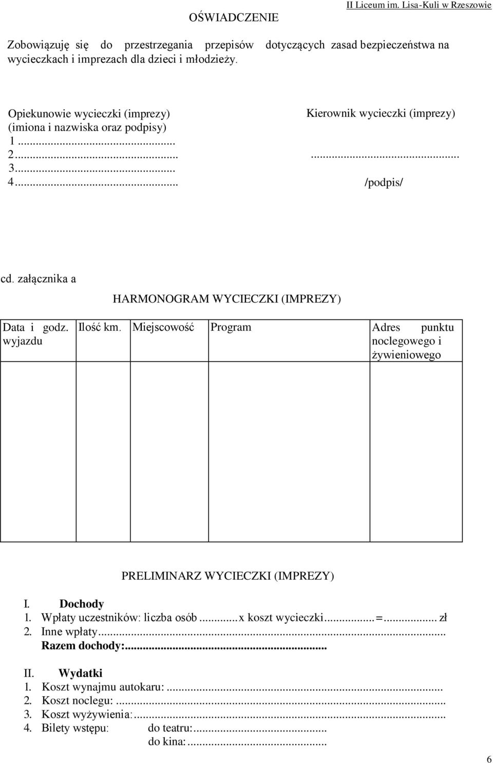 wyjazdu HARMONOGRAM WYCIECZKI (IMPREZY) Ilość km. Miejscowość Program Adres punktu noclegowego i żywieniowego PRELIMINARZ WYCIECZKI (IMPREZY) I. Dochody 1.