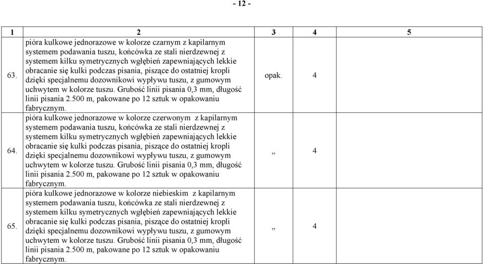 podczas pisania, piszące do ostatniej kropli dzięki specjalnemu dozownikowi wypływu tuszu, z gumowym opak. 4 uchwytem w kolorze tuszu. Grubość linii pisania 0,3 mm, długość linii pisania 2.