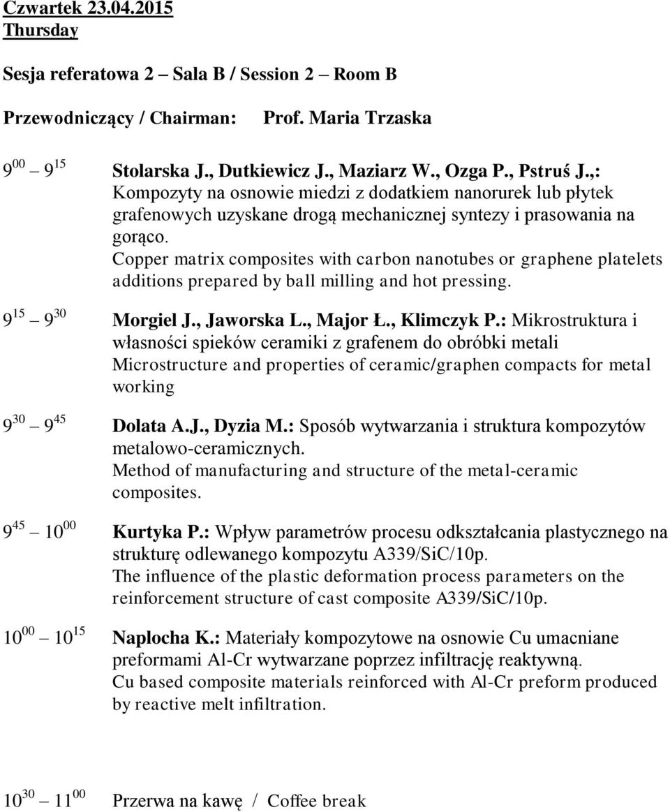 Copper matrix composites with carbon nanotubes or graphene platelets additions prepared by ball milling and hot pressing. 9 15 9 30 Morgiel J., Jaworska L., Major Ł., Klimczyk P.