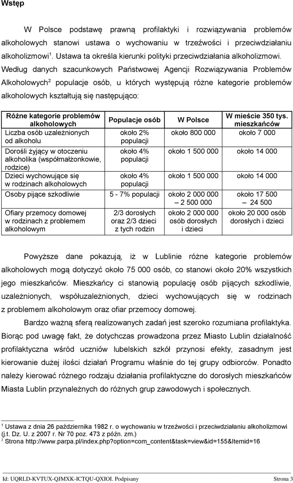 Według danych szacunkowych Państwowej Agencji Rozwiązywania Problemów Alkoholowych 2 populacje osób, u których występują różne kategorie problemów alkoholowych kształtują się następująco: Różne