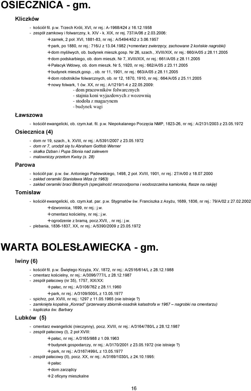 , XVIII/XIX, nr rej.: 660/A/05 z 28.11.2005 dom podskarbiego, ob. dom mieszk. Nr 7, XVIII/XIX, nr rej.: 661/A/05 z 28.11.2005 Pałacyk Wdowy, ob. dom mieszk. Nr 5, 1920, nr rej.: 662/A/05 z 23.11.2005 budynek mieszk.