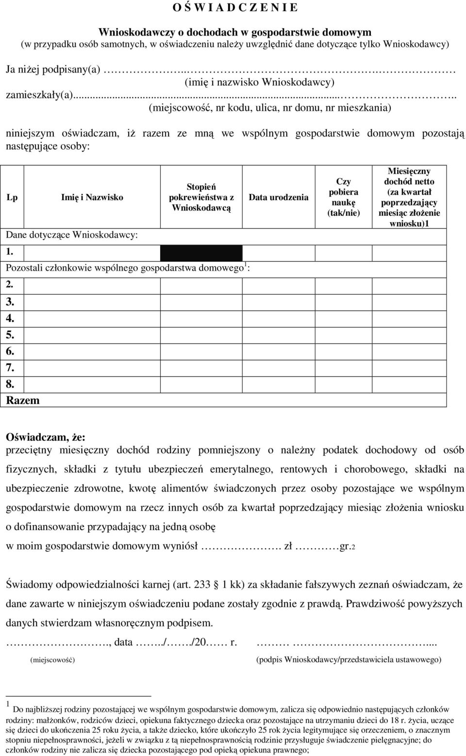 .... (miejscowość, nr kodu, ulica, nr domu, nr mieszkania) niniejszym oświadczam, iż razem ze mną we wspólnym gospodarstwie domowym pozostają następujące osoby: Lp Imię i Nazwisko Dane dotyczące