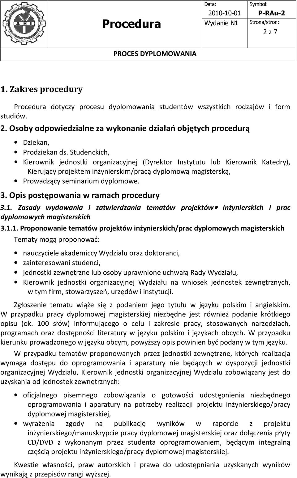 Opis postępowania w ramach procedury 3.1.