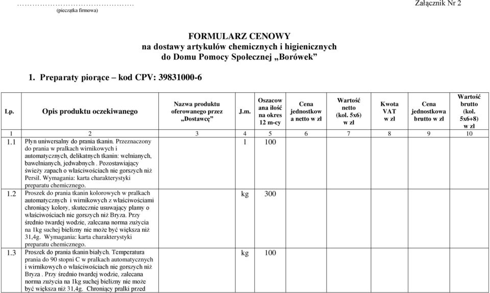 Dostawcę J.m. Oszacow ana ilość na okres 12 m-cy jednostkow a netto netto (kol. 5x6) Kwota VAT brutto 1 2 3 4 5 6 7 8 9 10 1.1 Płyn uniwersalny do prania tkanin.