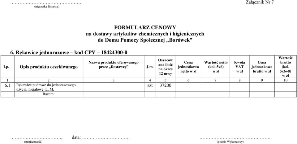higienicznych do Domu Pomocy Społecznej Borówek Nazwa produktu oferowanego przez Dostawcę J.m. Oszacow ana ilość na okres 12 m-cy netto netto (kol.